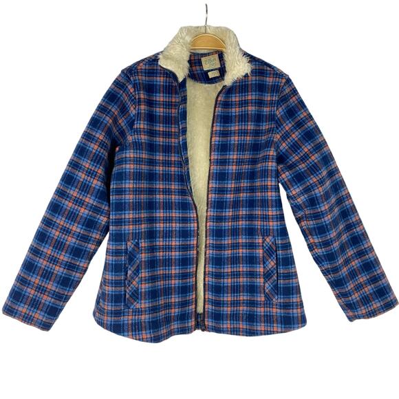 VTG Ellen Ortan Wool Blend Jacket Women M Blue Plaid Sherpa Lined Zip Lumberjack - Picture 1 of 9